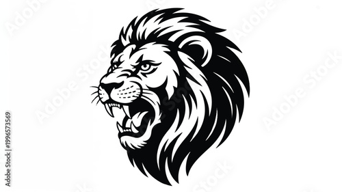 Dynamic black and white artistic illustration of a majestic lion's head, roaring with powerful ferocity and a regal presence, symbolizing strength
