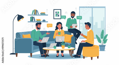 Group of colleagues meeting and collaborating in modern office space