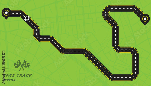 Creative vector illusion of race track or road symbol isolated on green background.
