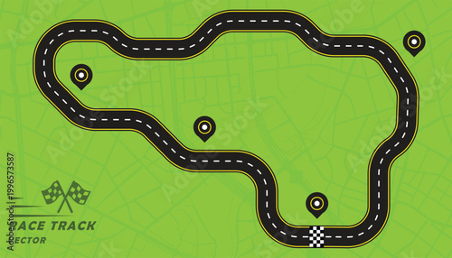 Creative vector illusion of race track or road symbol isolated on green background.