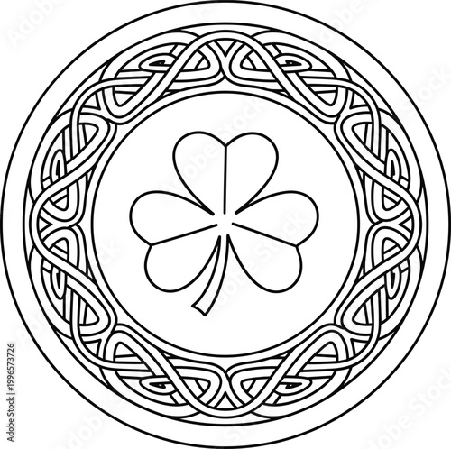 Celtic knotwork design with shamrock in circular border