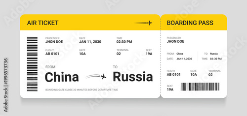 Realistic airline ticket design with passenger name. Plane ticket vector template or airline boarding pass ticket isolated