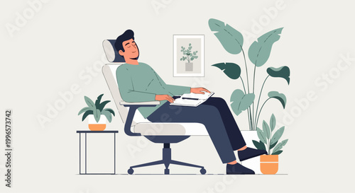 Relaxed person resting in chair surrounded by plants
