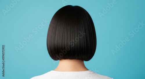 Back view of a woman with a sleek black bob haircut against a vibrant blue background