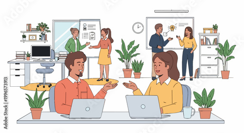 People interacting in an office environment with computers and greenery vector illustration