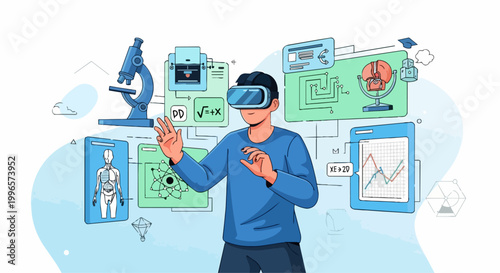 Man experiencing virtual reality education in digital classroom