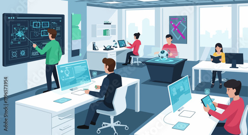 Modern office space with employees interacting with technology