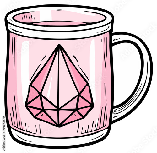 Pink ceramic mug with a geometric diamond crystal design and a handle illustration