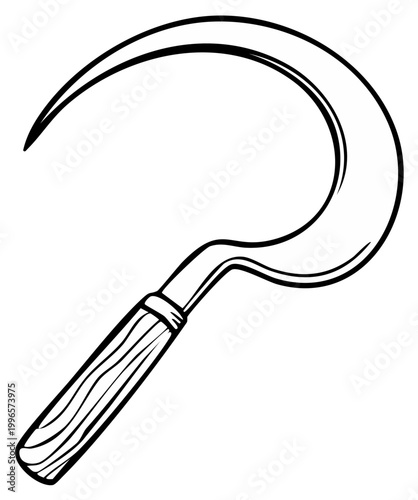 Curved steel sickle with wooden handle, traditional farming tool, agriculture, sharp blade, hand drawn vector illustration