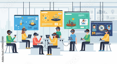 Virtual reality classroom students utilizing vr headsets for education