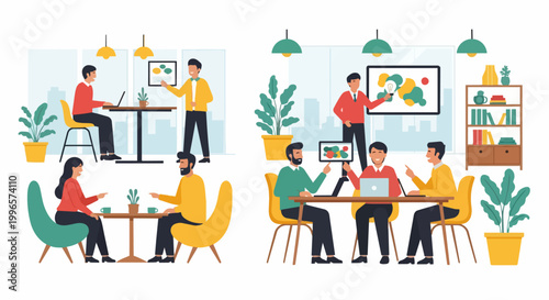 People interacting in a modern workspace environment showing presentations and teamwork