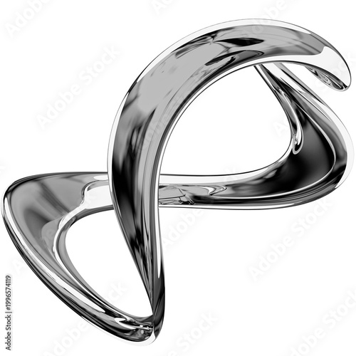 Abstract 3D chrome open and flowing loop, graceful metallic sculpture, isolated on white