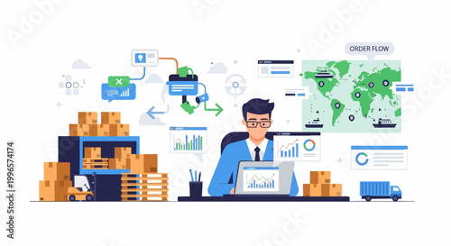 Logistics and data analysis illustration with global map and boxes
