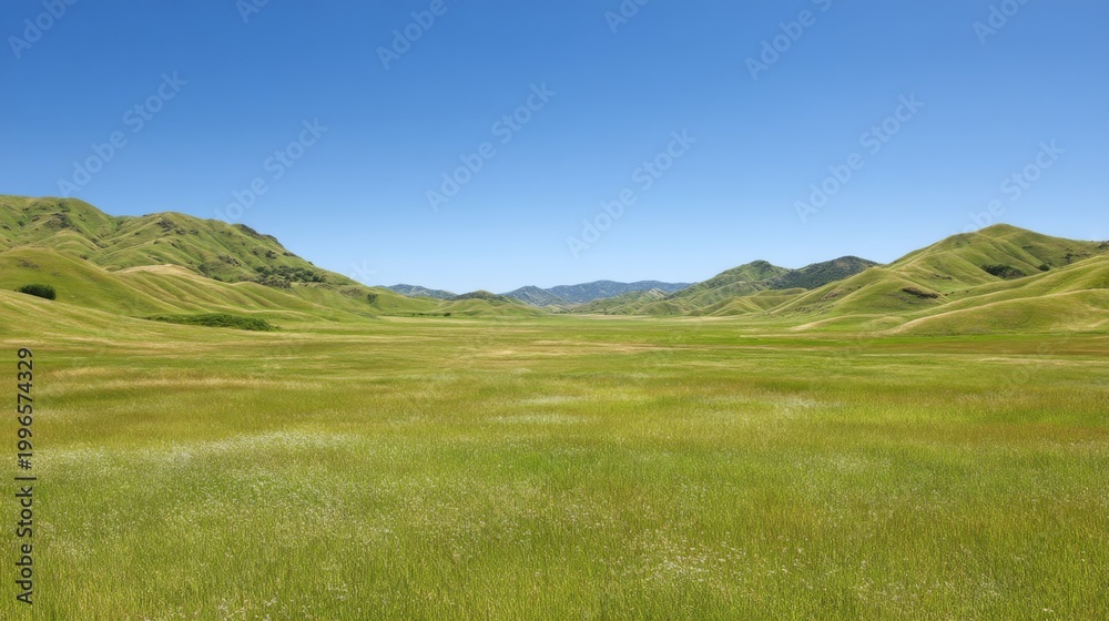 Fototapeta premium Expansive Green Meadow Under Clear Blue Sky Surrounded by Rolling Hills, Perfect for Nature Lovers and Outdoor Enthusiasts in Beautiful Landscape