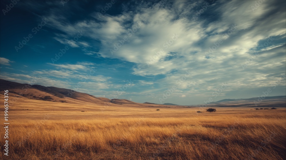 Fototapeta premium Serene Landscape of Expansive Golden Grasslands Under a Vast Blue Sky with Soft White Clouds and Rolling Hills in the Distance