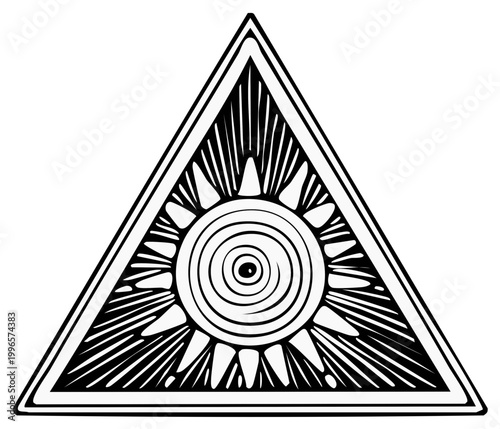 Mysterious triangle symbol with radiant sun and eye at its center, a powerful emblem of knowledge and enlightenment