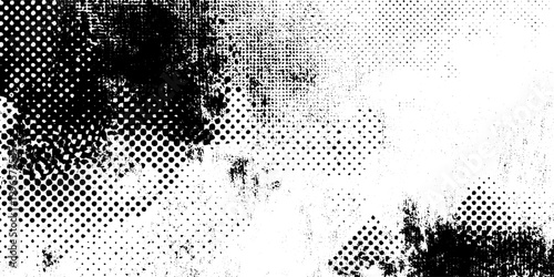 Black and White Abstract Grunge Halftone Texture Vector Background with Distressed Grainy Patterns and Ink Splatter Elements