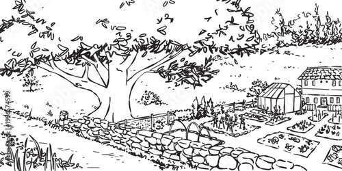 Scenic rural backyard with garden plots and a large oak tree. Versatile graphic for sustainable agriculture articles, greenhouse cultivation guides, and minimalist nature-themed stationery.
