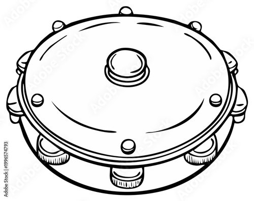 Illustration of a tambourine instrument in black and white