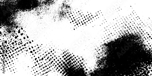 Black and White Grunge Banner Texture with Halftone Dots and Ink Splatter Effects