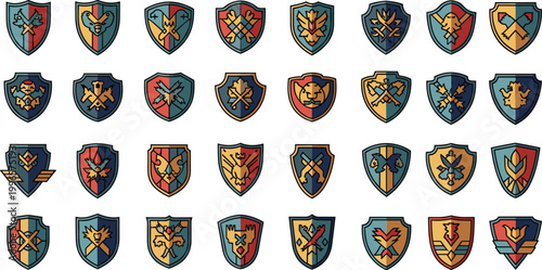 Heraldic shield vector illustrations with faction emblems and fantasy motifs