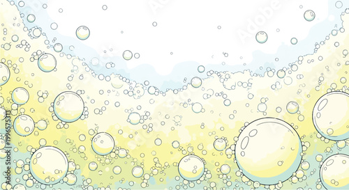 Photos A whimsical illustration of numerous bubbles floating on a pastel-colored liquid