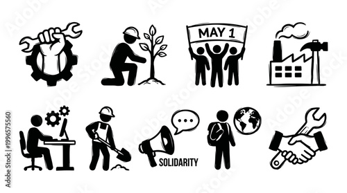 May 1 World Labour Day Vector icons showing worker solidarity press megaphone factory gear agriculture and trade union