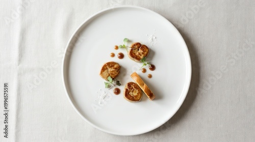 Elegant gourmet appetizer platter featuring golden-brown seared foie gras croutons with caramelized glaze drizzle, microgreens, and edible flowers on pristine white plate, fine dining presentation