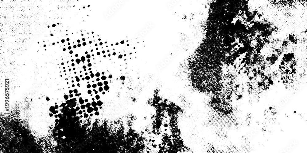 Fototapeta premium Black and White Grunge Vector Background with Halftone Dot Pattern and Ink Splatter Texture