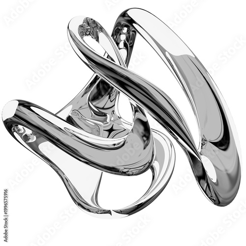 Abstract 3D chrome intertwining curved forms, twisted metal sculpture, isolated on white