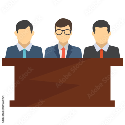 Judgement Panel Illustration: An illustrative portrayal of a serious judging panel, comprising of three professional individuals. Representing authority and deliberation.