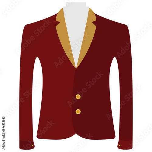 Elegant Blazer Displayed: A formal red blazer, immaculately presented with golden accents and buttons, exuding sophistication and refinement in a studio setting.