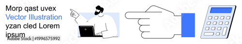 Business strategy, teamwork, digital tools, finance, problem-solving, decision-making. Man pointing at laptop, index finger and calculator icon. Business strategy and digital tools