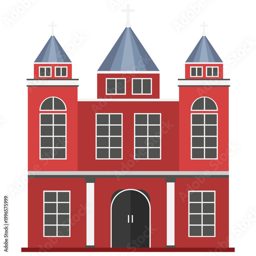 Red Church Architecture: A simple yet iconic depiction of a red church, showcasing architectural details with its symmetrical design and spiritual presence.