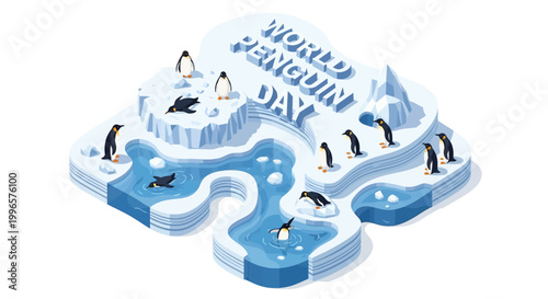 Isometric illustration featuring World Penguin Day celebrated with cartoon penguins on ice floes in Antarctica, set against a clean white background and rendered in a cheerful, vibrant
