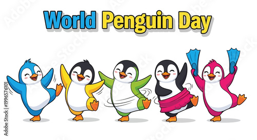 Cheerful vector illustration for World Penguin Day featuring five cute penguins dancing in a row with colorful flippers and a pink skirt against a clean white background, conveying a joyful