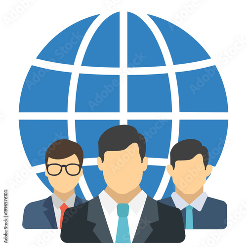 Global Business Leaders: A vector illustration showcasing a team of business leaders, set against a backdrop of a globe, symbolizing worldwide influence and interconnectedness.