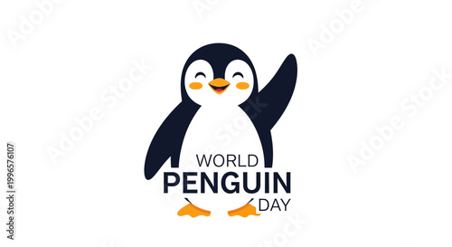 A cheerful penguin illustration celebrates World Penguin Day with a cute cartoon design, its flipper raised in a friendly wave, set against a clean white background in a simple, vector