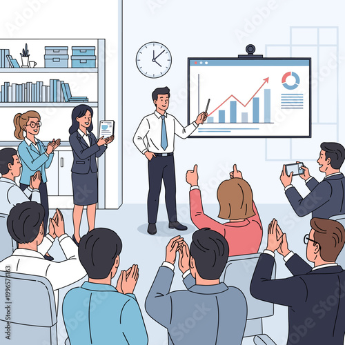 A business presentation is being given by a man to an audience, with charts and graphs displayed on a screen.