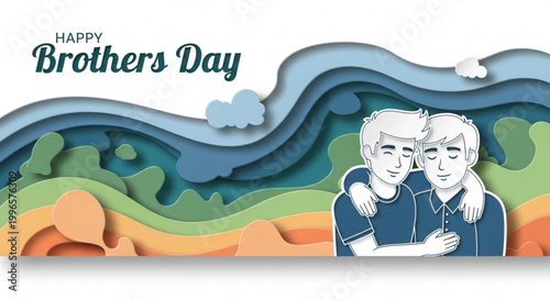 Paper cut style illustration of two brothers hugging outdoors