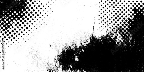 Black and White Grunge Halftone Texture with Distressed Ink Splatter and Abstract Dot Pattern Vector