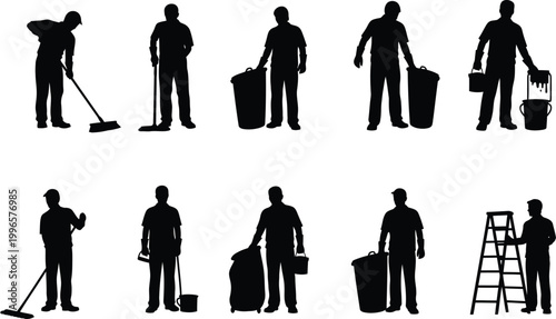 Silhouettes of cleaning staff diverse roles in janitorial and maintenance services