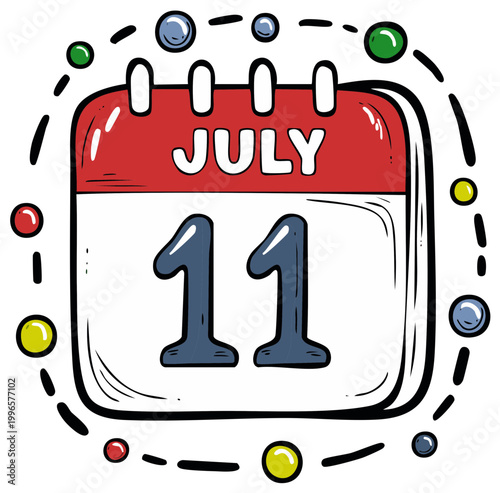Cartoon calendar with the month of July and the eleventh day displayed