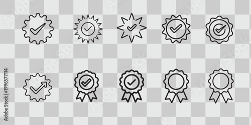 Set of certificate and award icons with checkmark for quality assurance and achievement on transparent background.