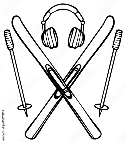 Skiing equipment with headphones, winter recreation design