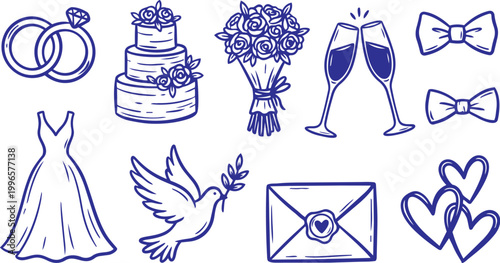 Hand drawn blue wedding elements and symbols vector doodle illustration set