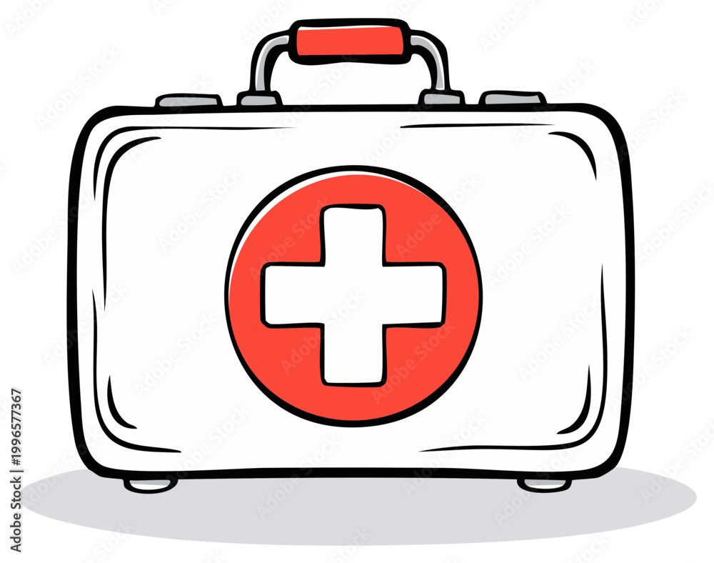 Fototapeta premium Retro style first aid kit with red cross symbol on white background emergency medical supply box