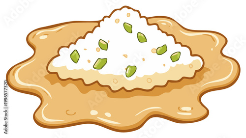 Cartoon dessert illustration. Pile of white cream with green toppings surrounded by caramel.