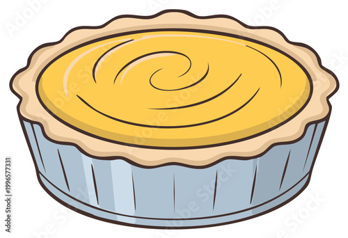 Delicious cartoon pie with yellow filling and flaky crust on white background