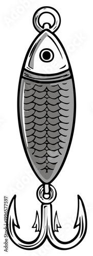 Illustrated fishing lure design with fish body and hook, vector art